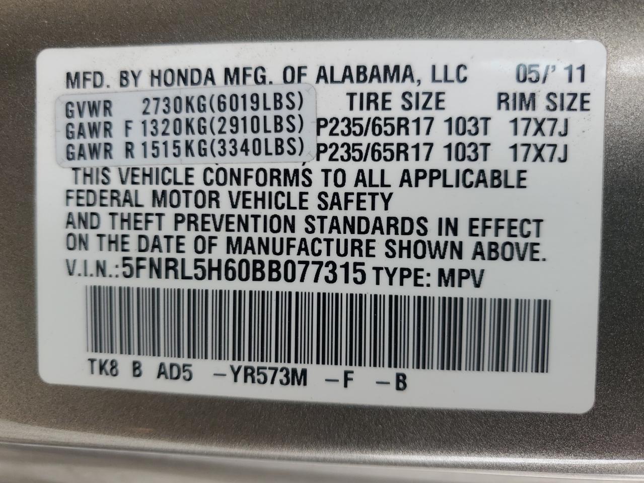 5FNRL5H60BB077315 2011 Honda Odyssey Exl