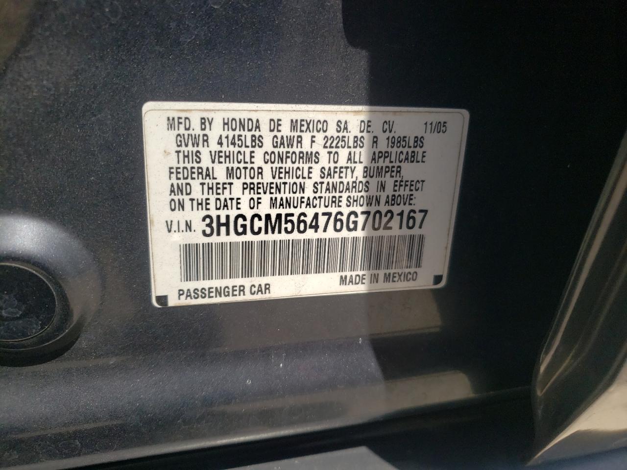3HGCM56476G702167 2006 Honda Accord Lx