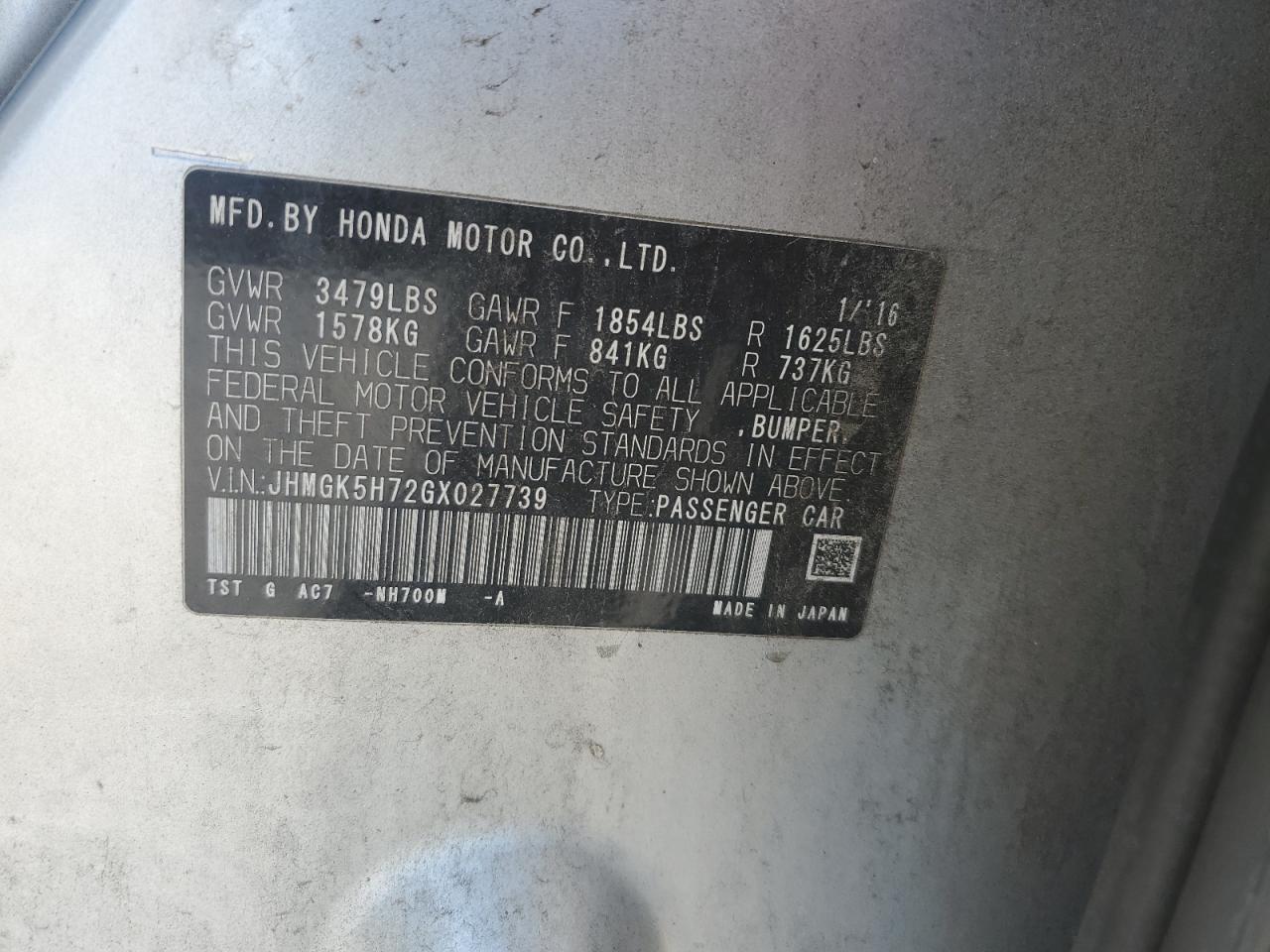 JHMGK5H72GX027739 2016 Honda Fit Ex