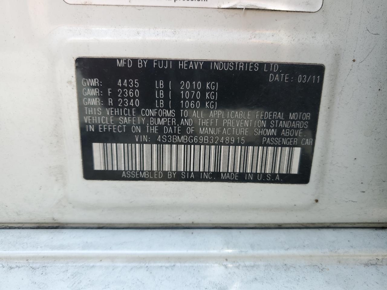 4S3BMBG69B3248915 2011 Subaru Legacy 2.5I Premium