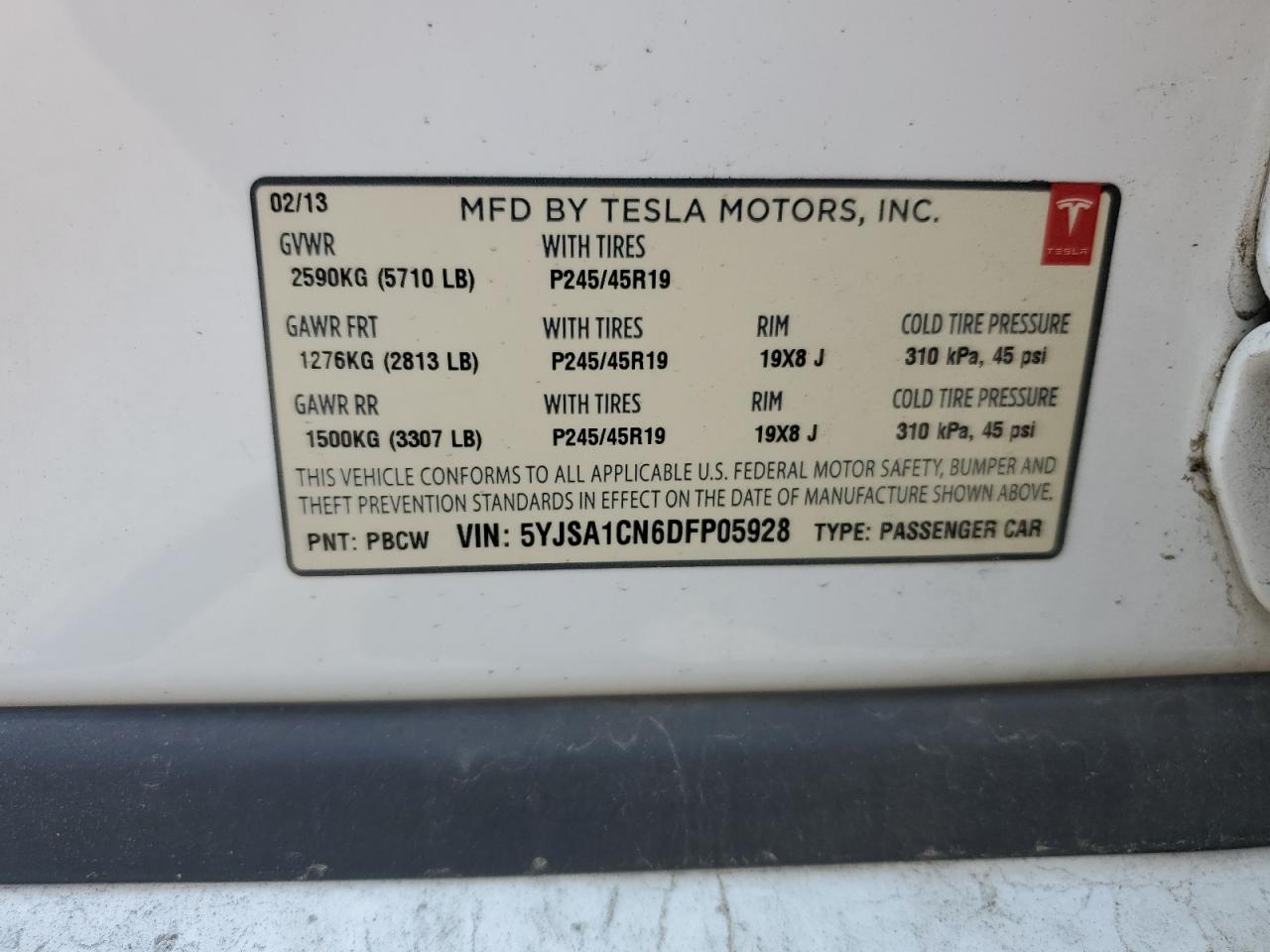 2013 Tesla Model S vin: 5YJSA1CN6DFP05928