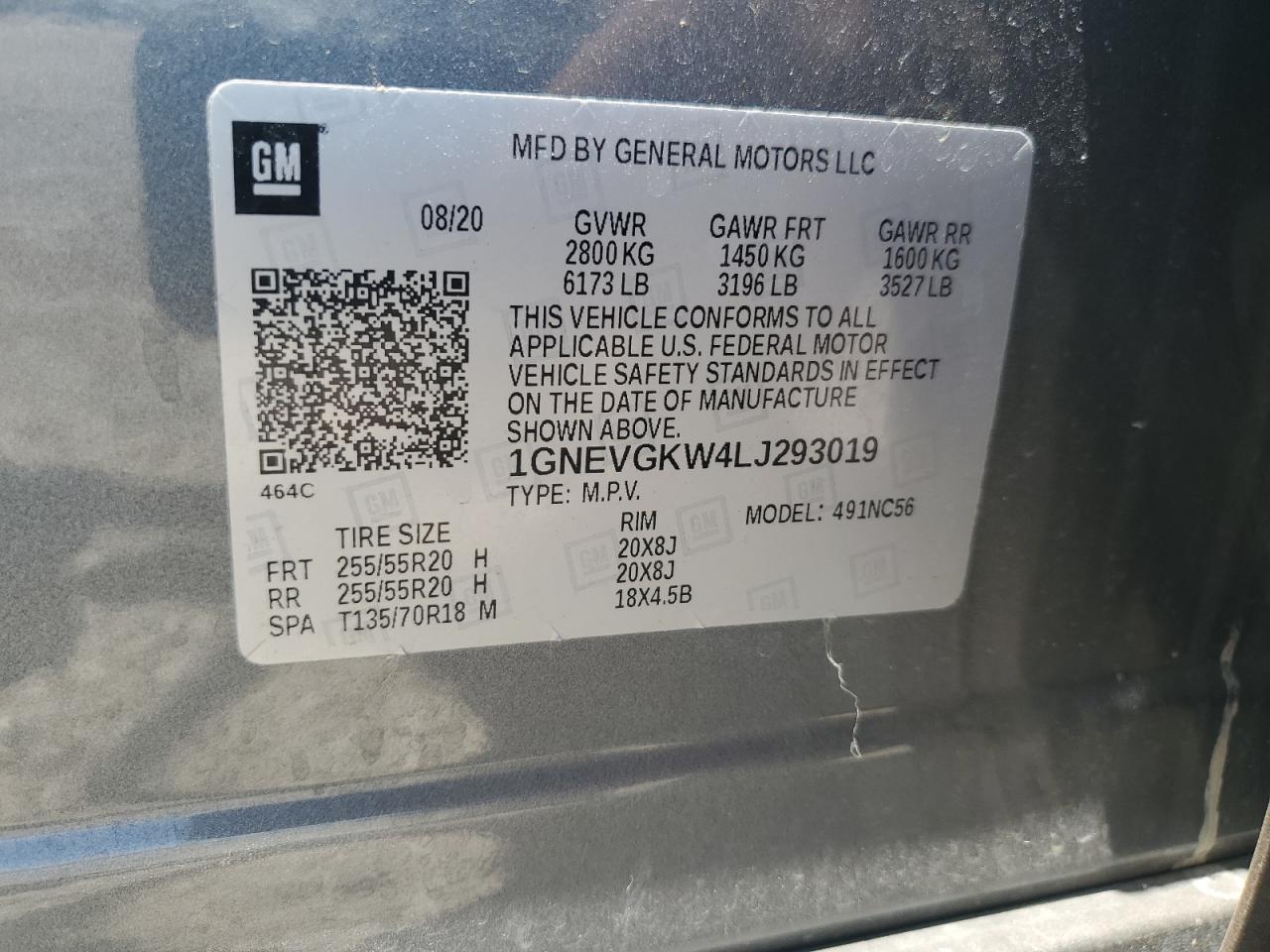 1GNEVGKW4LJ293019 2020 Chevrolet Traverse Lt