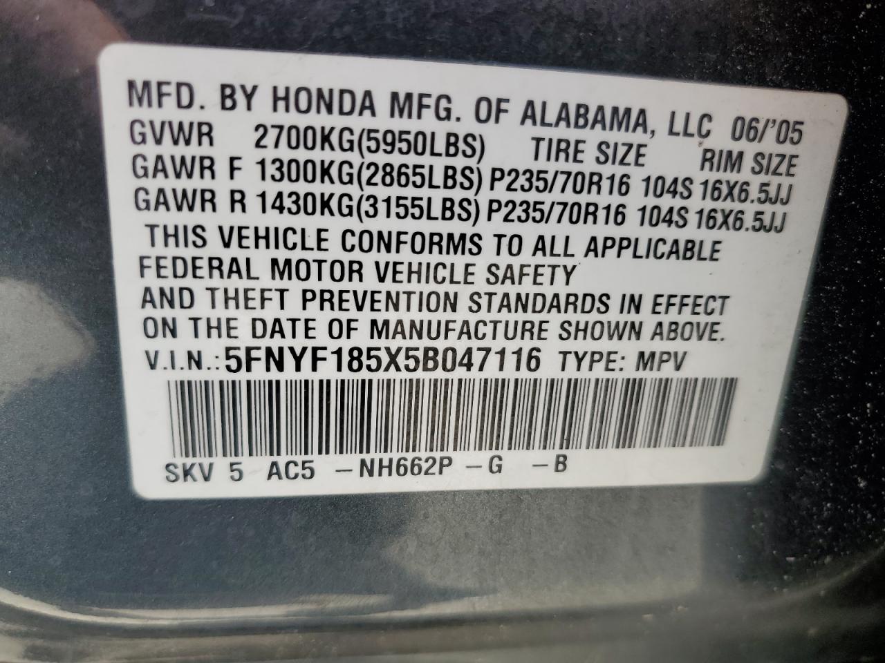 5FNYF185X5B047116 2005 Honda Pilot Exl