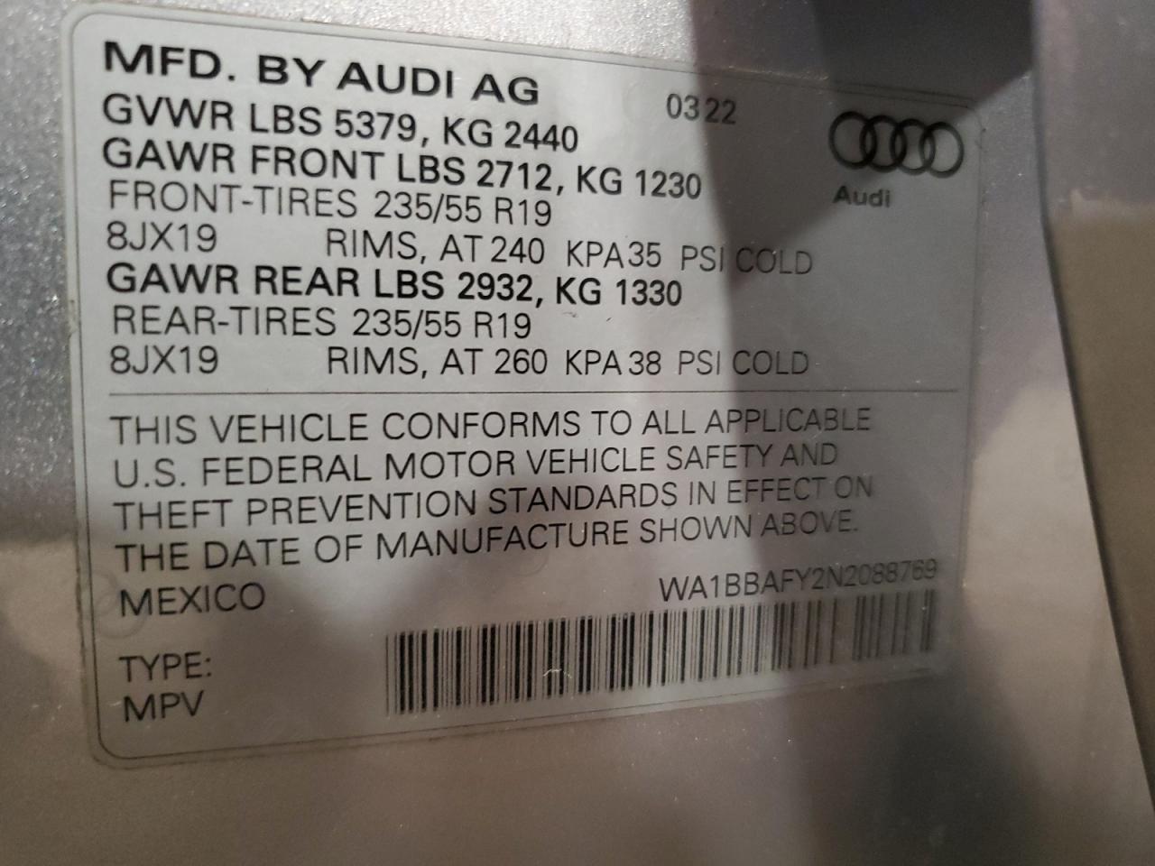 WA1BBAFY2N2088769 2022 Audi Q5 Premium Plus 40