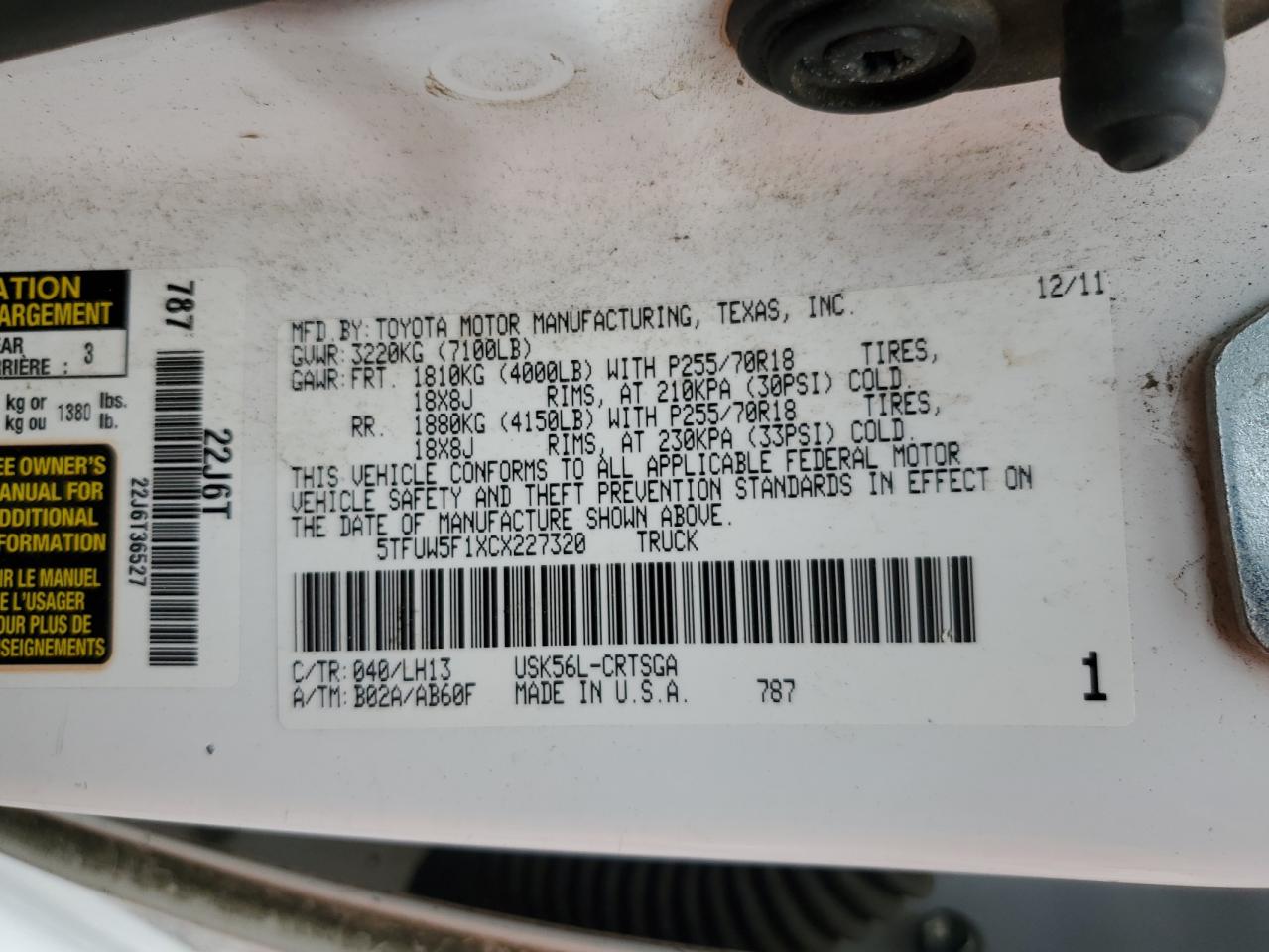 5TFUW5F1XCX227320 2012 Toyota Tundra Double Cab Sr5