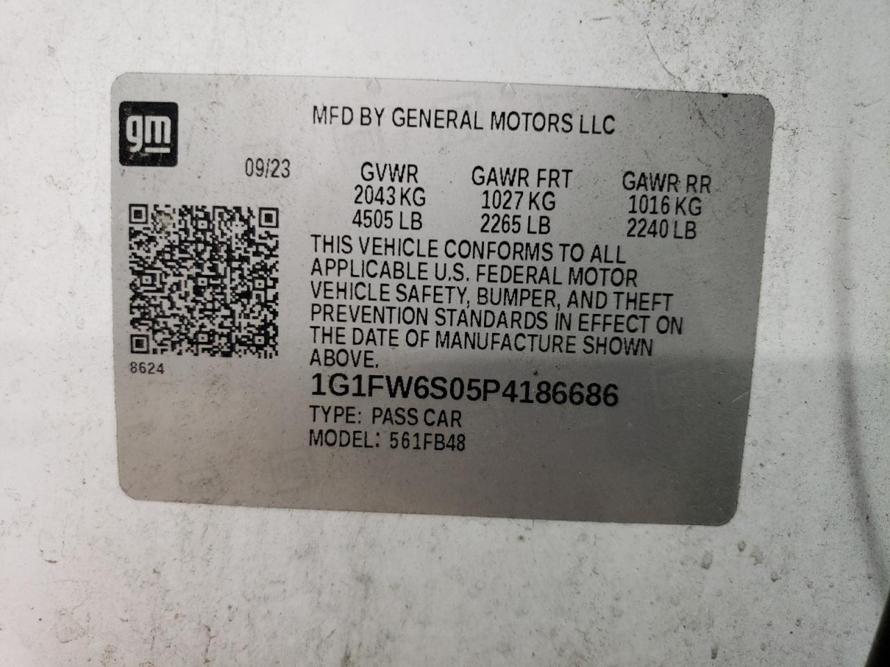 1G1FW6S05P4186686 2023 Chevrolet Bolt Ev 1Lt