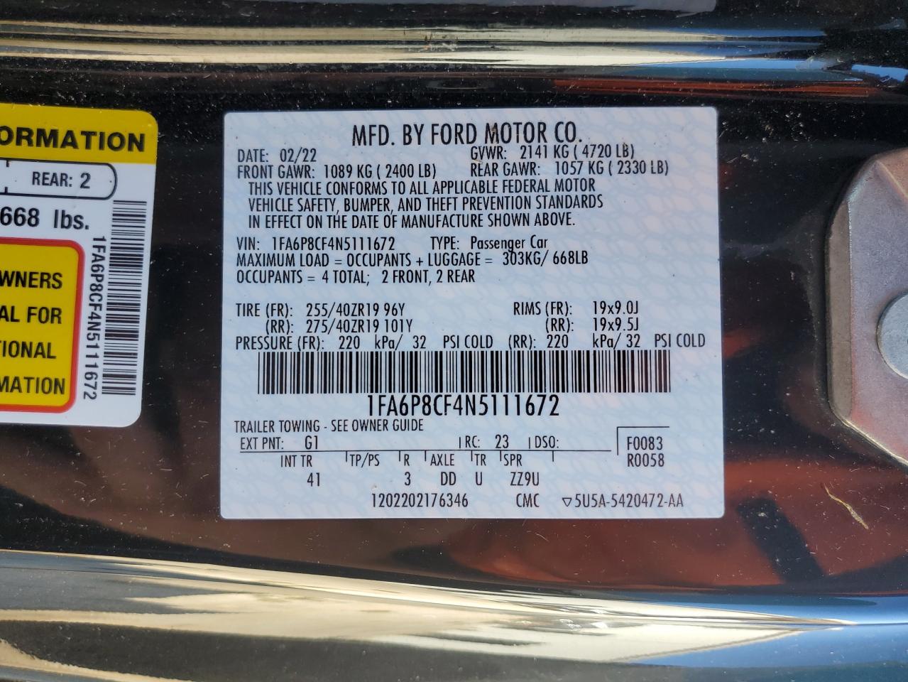 1FA6P8CF4N5111672 2022 Ford Mustang Gt