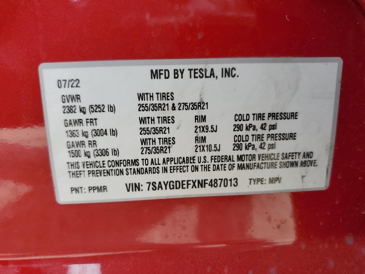 7SAYGDEFXNF487013 2022 Tesla Model Y