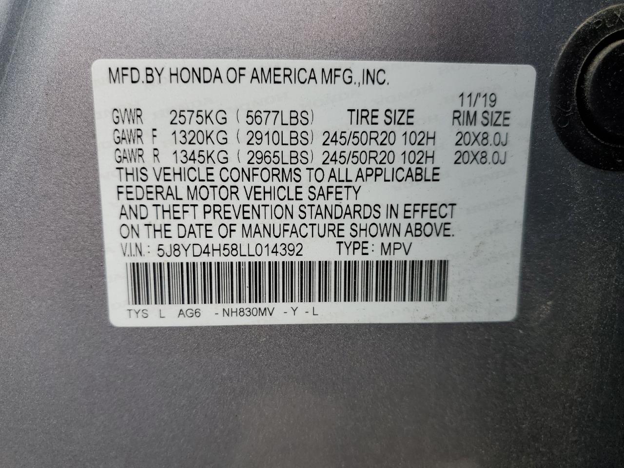 5J8YD4H58LL014392 2020 Acura Mdx Technology