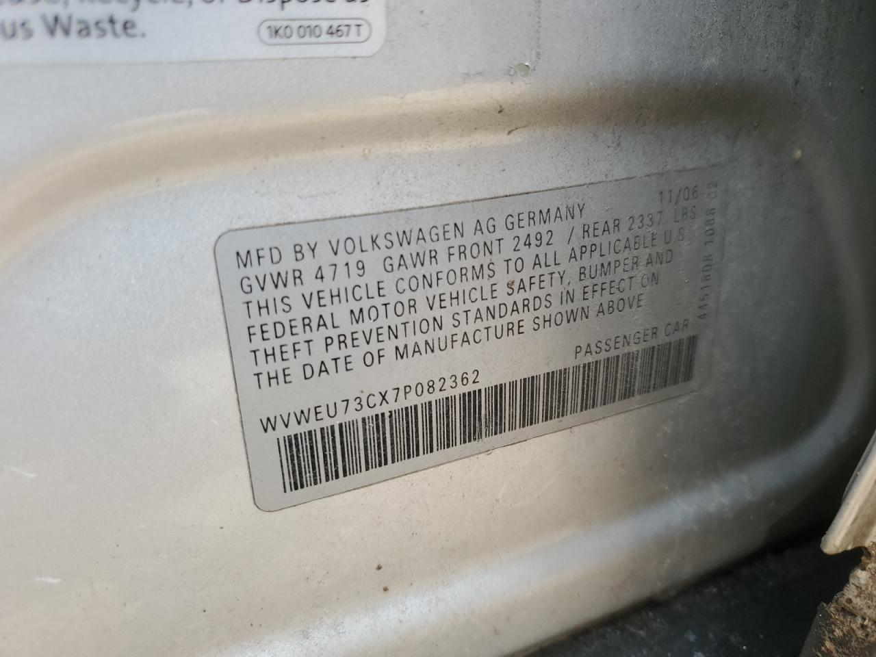 WVWEU73CX7P082362 2007 Volkswagen Passat 3.6L Luxury