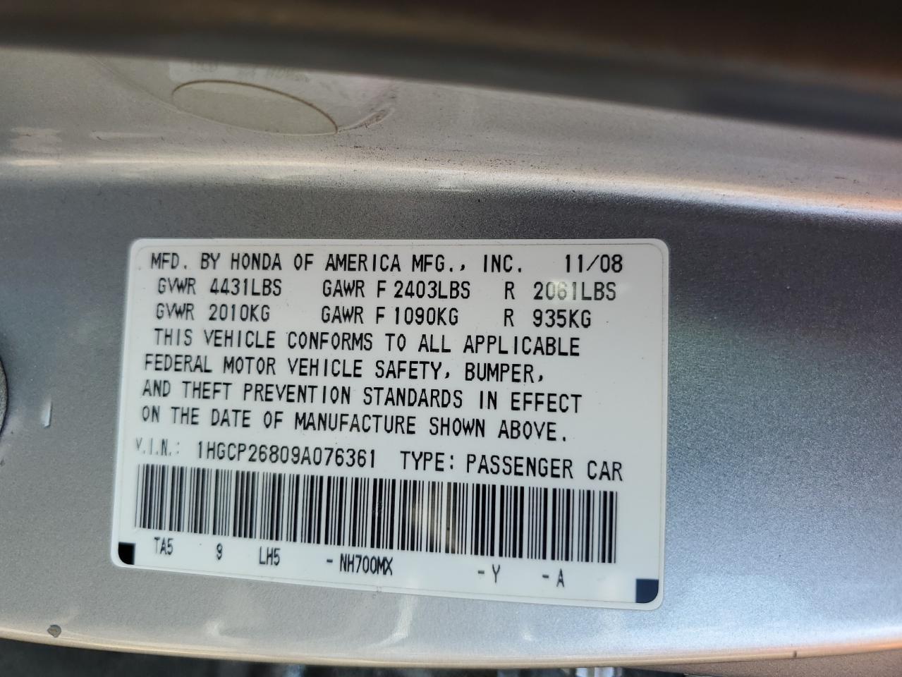 1HGCP26809A076361 2009 Honda Accord Exl
