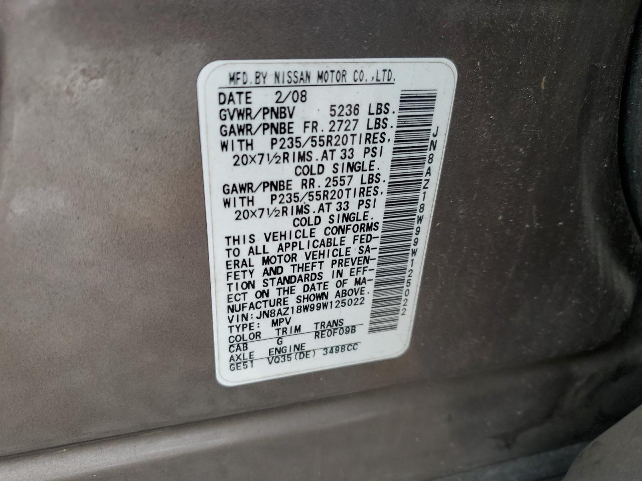 JN8AZ18W99W125022 2009 Nissan Murano S