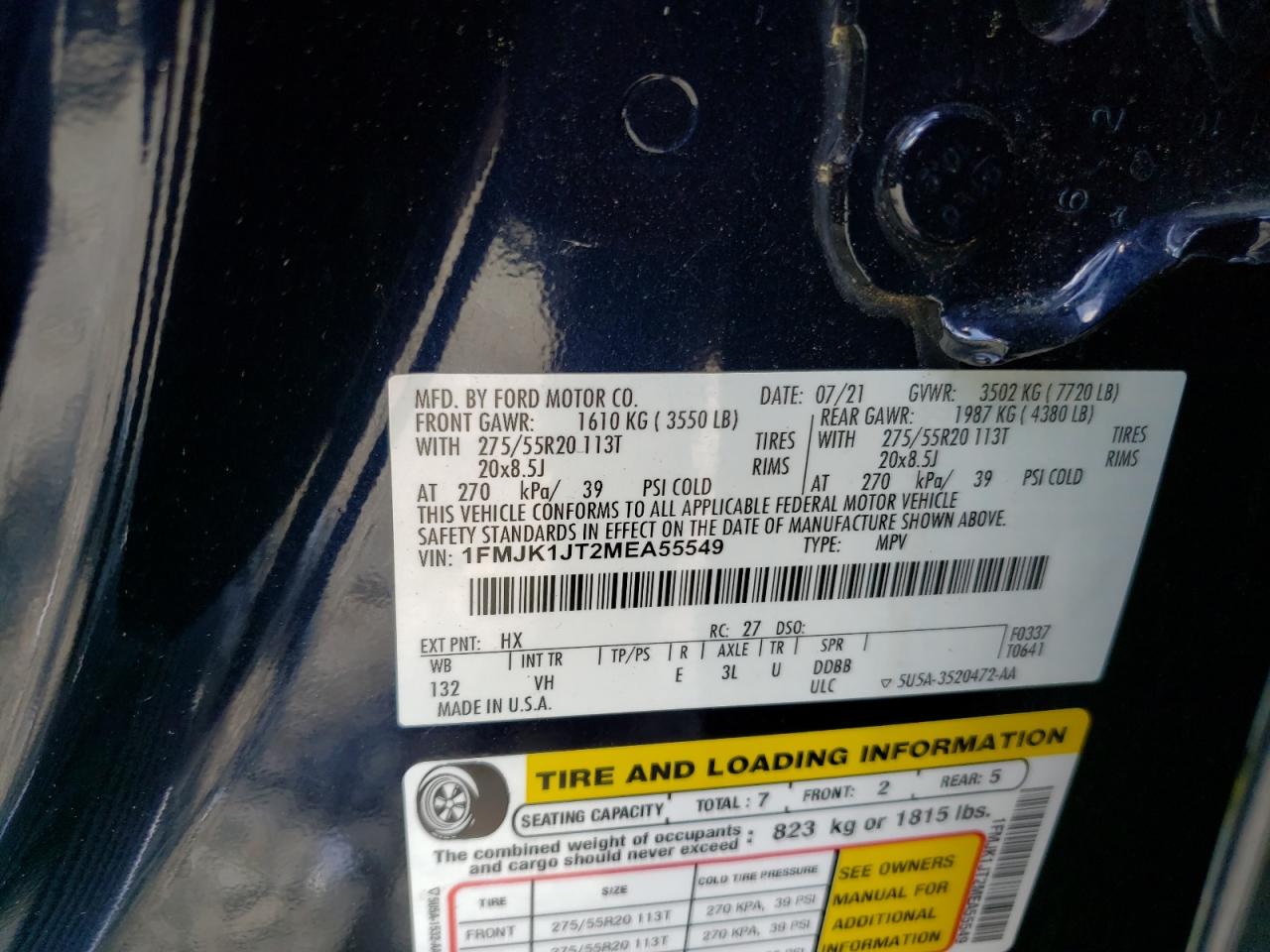 1FMJK1JT2MEA55549 2021 Ford Expedition Max Xlt