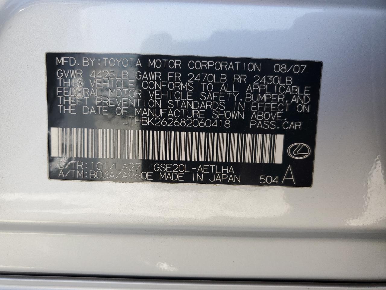 JTHBK262682060418 2008 Lexus Is 250