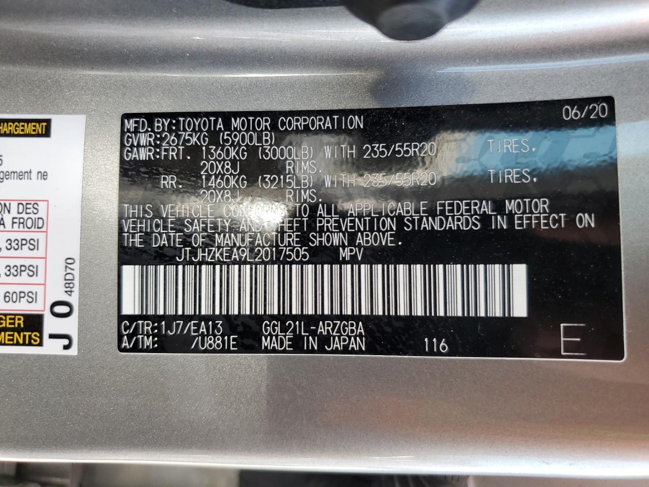 JTJHZKEA9L2017505 2020 Lexus Rx 350 L