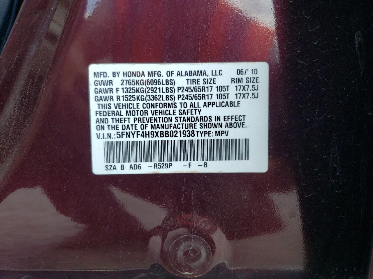 5FNYF4H9XBB021938 2011 Honda Pilot Touring