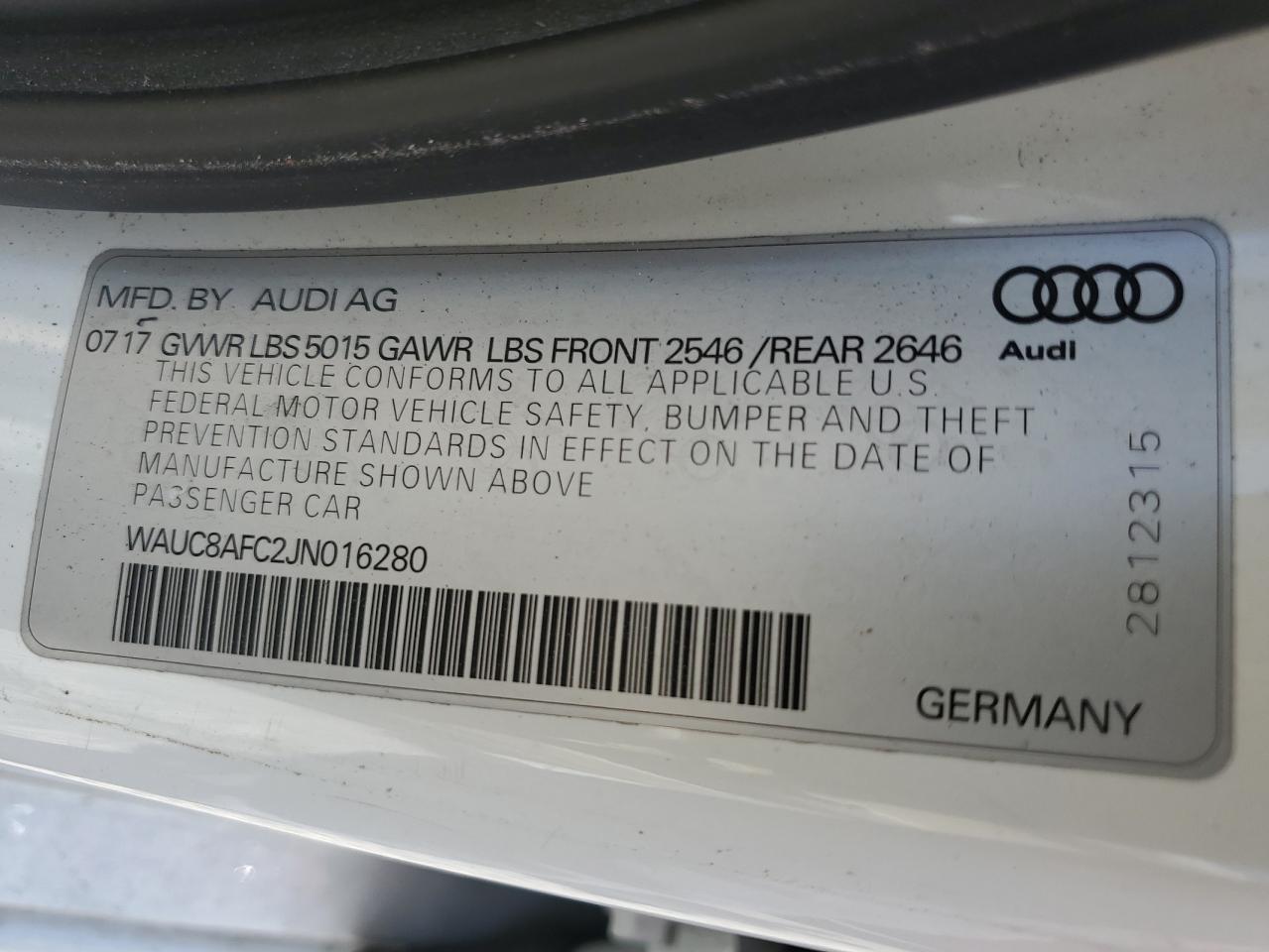 WAUC8AFC2JN016280 2018 Audi A6 Premium