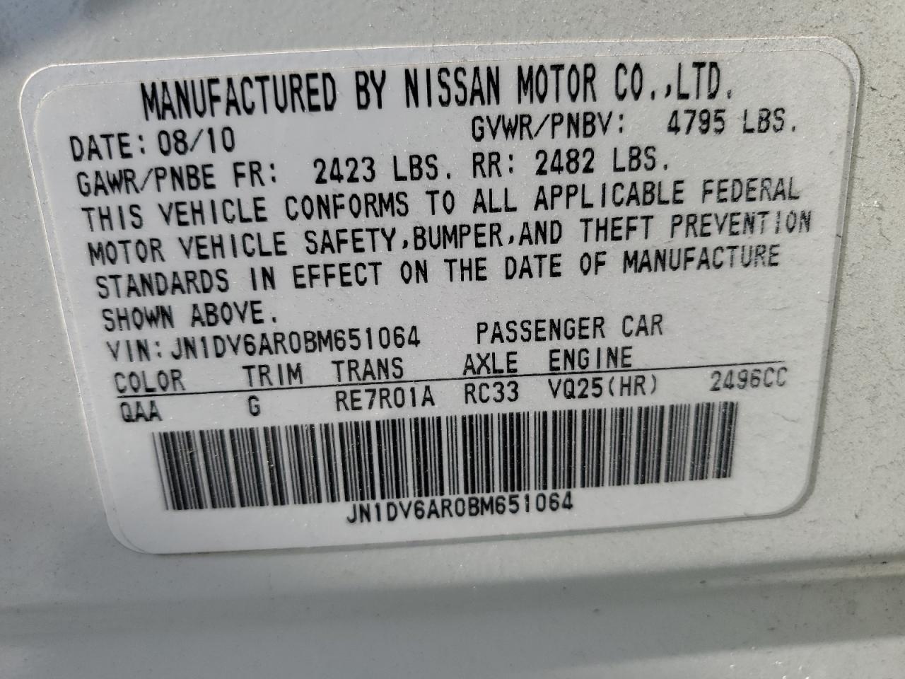 JN1DV6AR0BM651064 2011 Infiniti G25