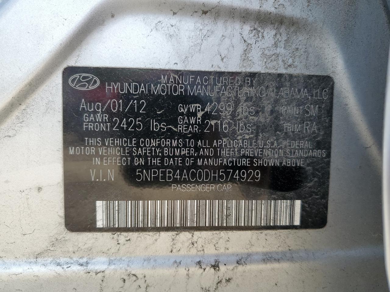 5NPEB4AC0DH574929 2013 Hyundai Sonata Gls