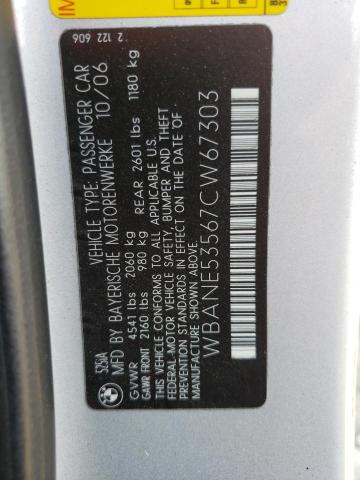 2007 BMW 525 I VIN: WBANE53567CW67303 Lot: 59617394