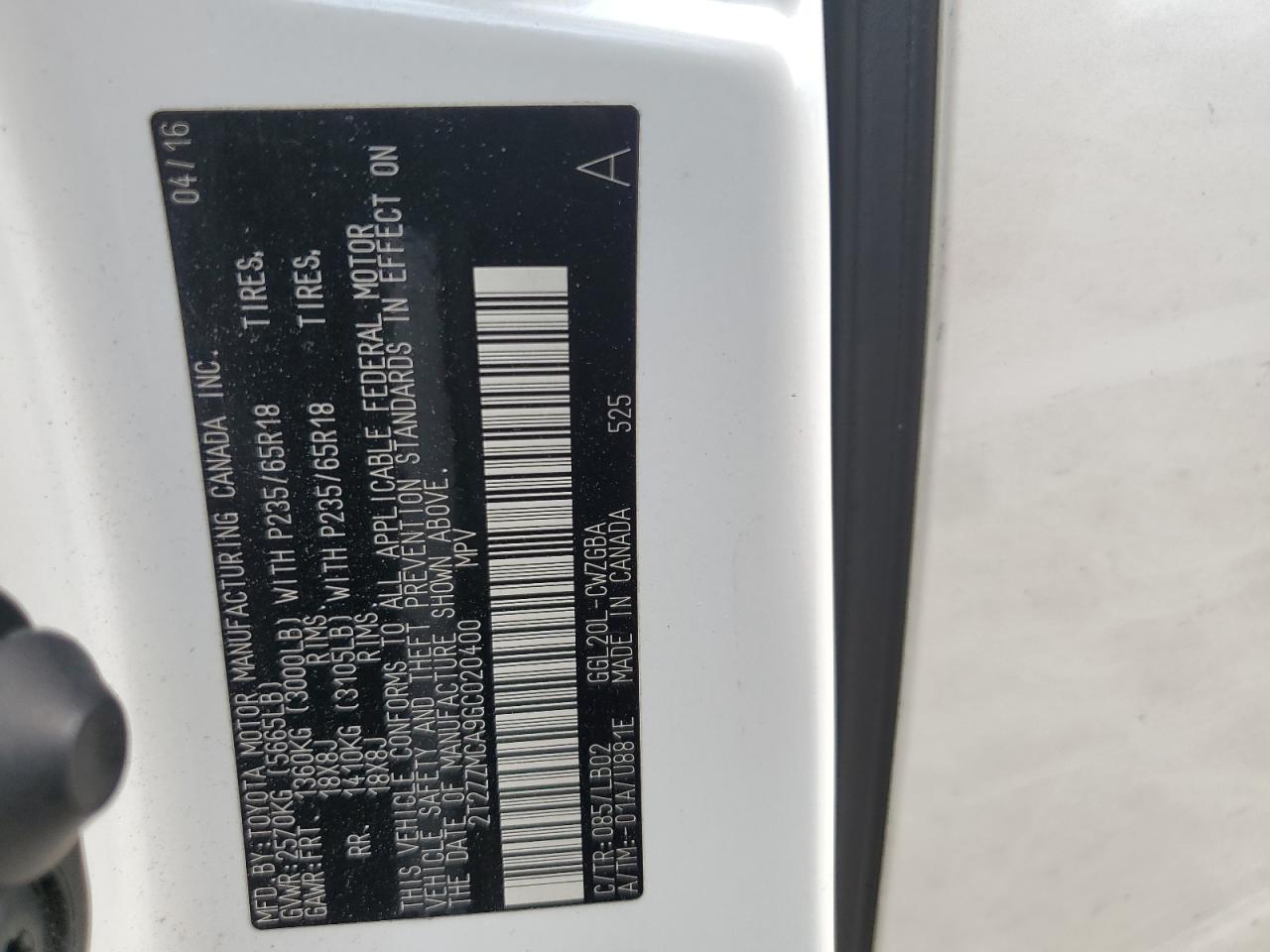 2T2ZZMCA9GC020400 2016 Lexus Rx 350