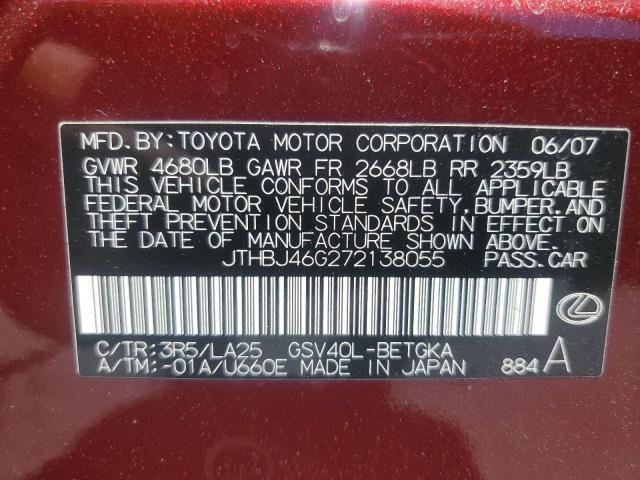 2007 Lexus Es 350 VIN: JTHBJ46G272138055 Lot: 60059574