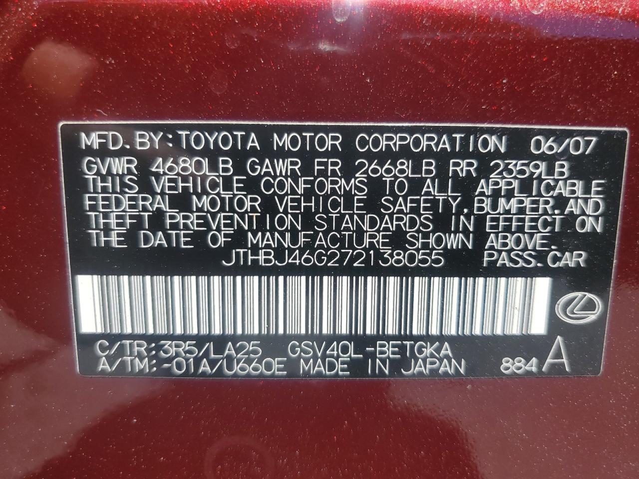 JTHBJ46G272138055 2007 Lexus Es 350