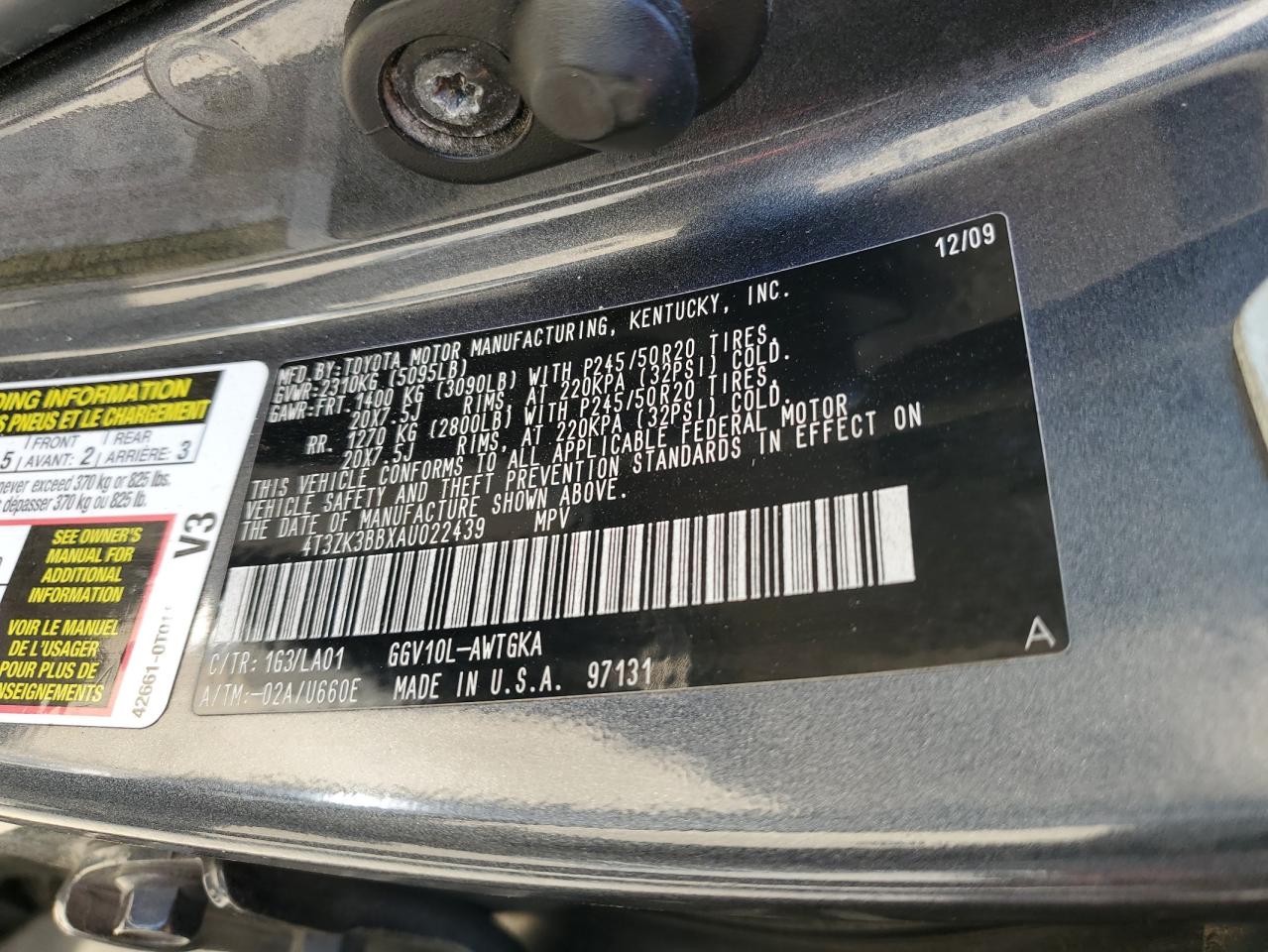 4T3ZK3BBXAU022439 2010 Toyota Venza