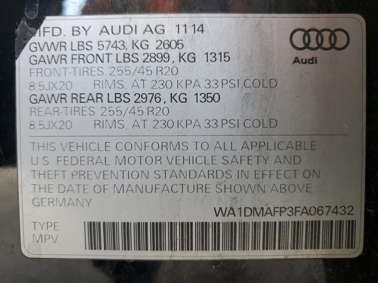 WA1DMAFP3FA067432 2015 Audi Q5 Tdi Premium Plus