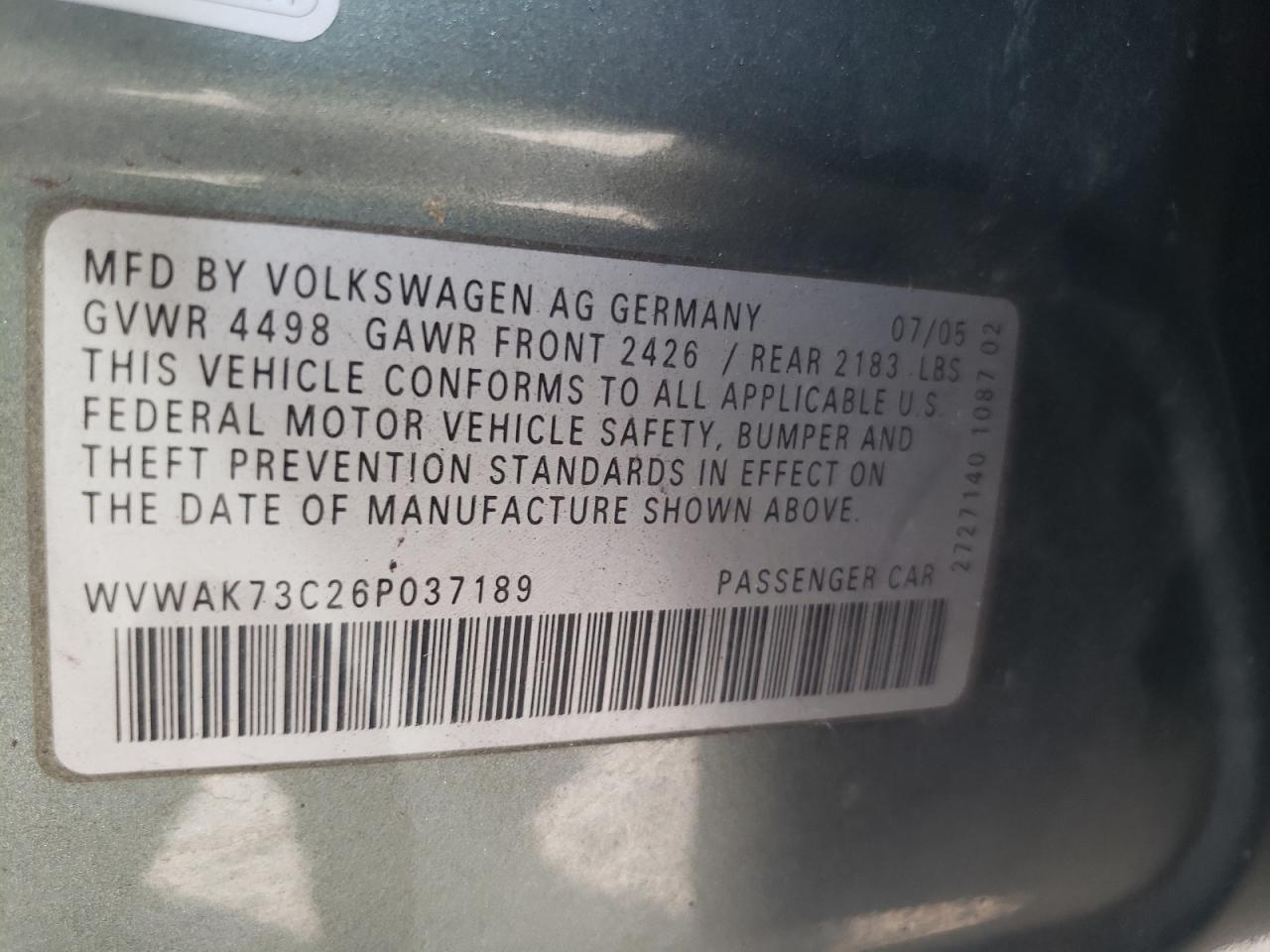 WVWAK73C26P037189 2006 Volkswagen Passat 2.0T