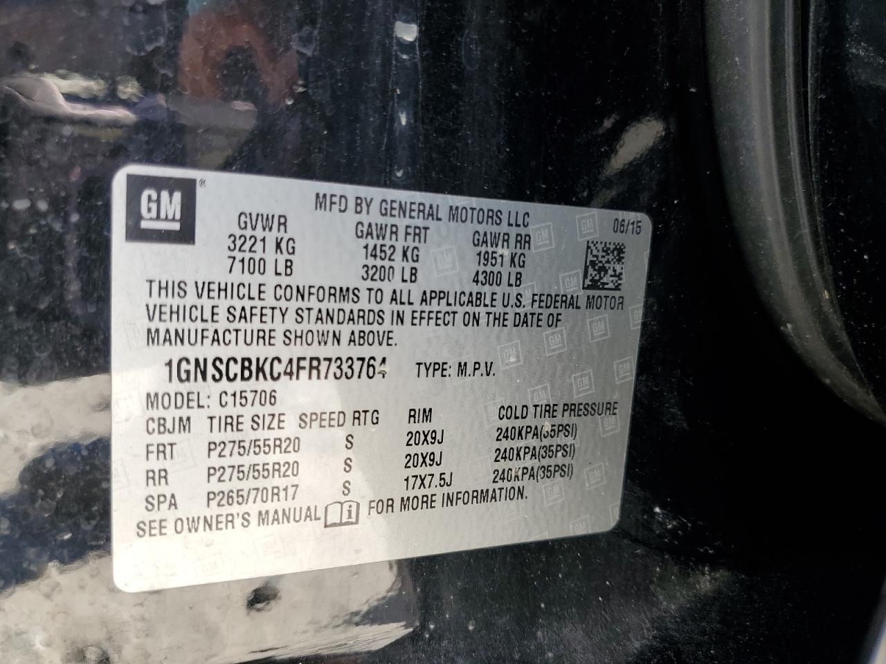 1GNSCBKC4FR733764 2015 Chevrolet Tahoe C1500 Lt