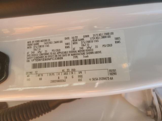 2022 Ford F150 Supercrew VIN: 1FTEW1E80NFC33809 Lot: 60284364