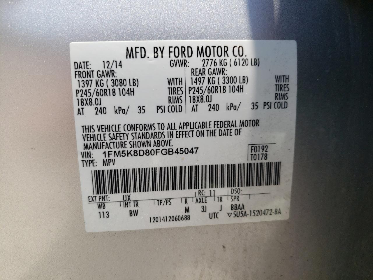 1FM5K8D80FGB45047 2015 Ford Explorer Xlt