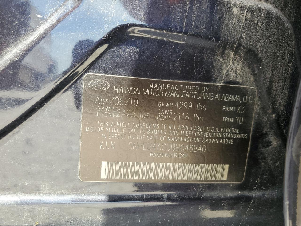 5NPEB4AC0BH046840 2011 Hyundai Sonata Gls