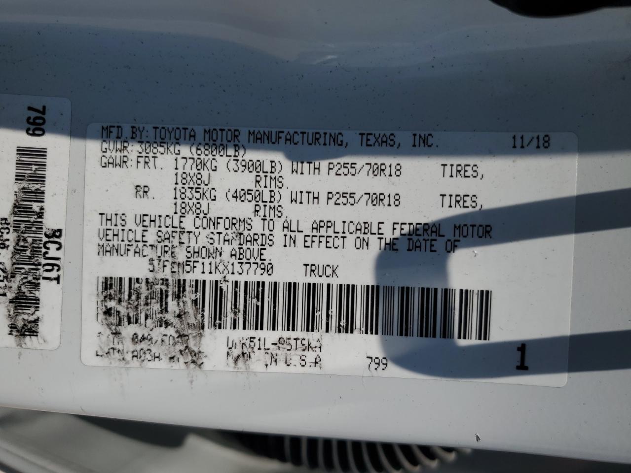 5TFEM5F11KX137790 2019 Toyota Tundra Crewmax Sr5