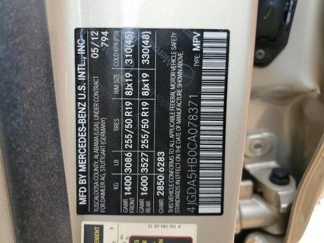 2012 Mercedes-Benz Ml 350 4Matic VIN: 4JGDA5HB0CA078371 Lot: 58014864