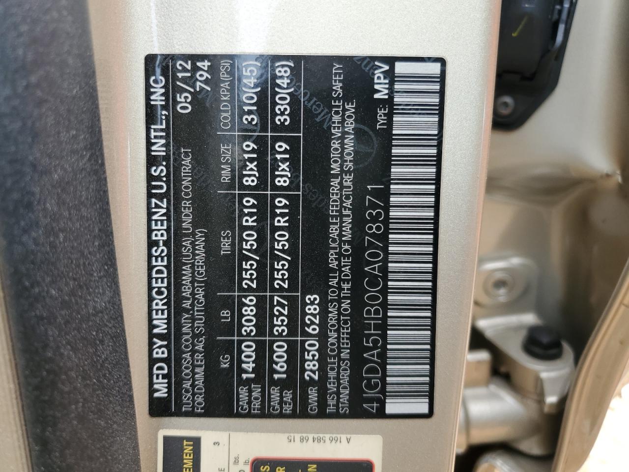 4JGDA5HB0CA078371 2012 Mercedes-Benz Ml 350 4Matic