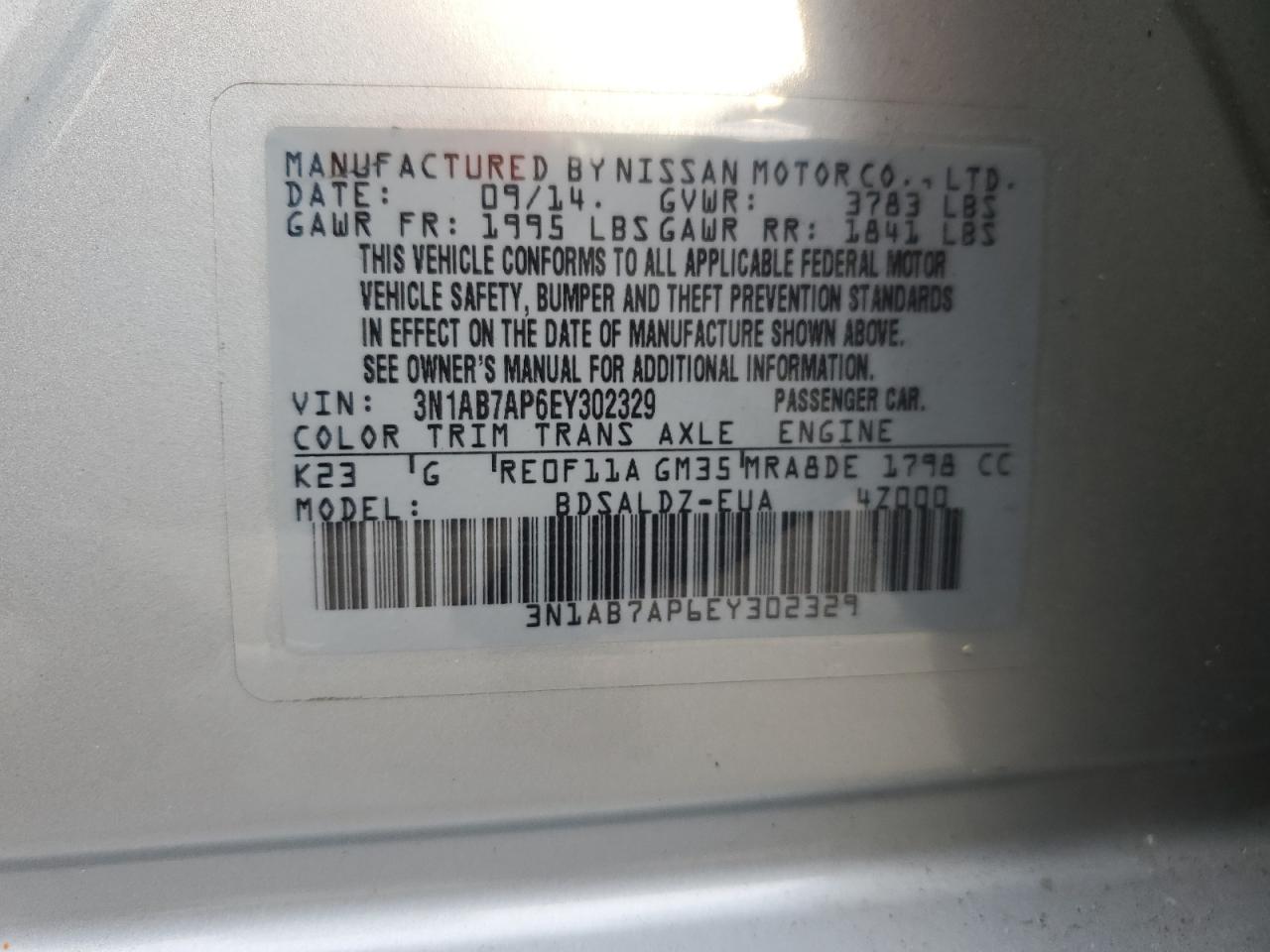 3N1AB7AP6EY302329 2014 Nissan Sentra S