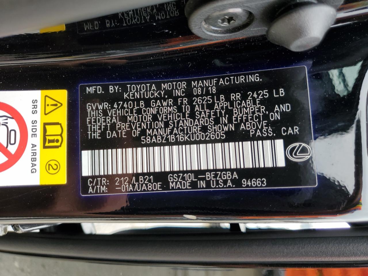 58ABZ1B16KU002605 2019 Lexus Es 350