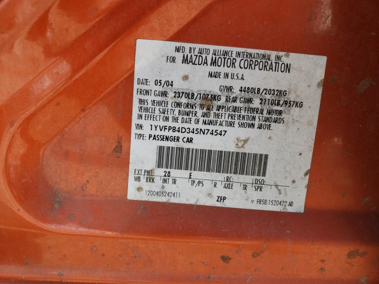 1YVFP84D345N74547 2004 Mazda 6 S