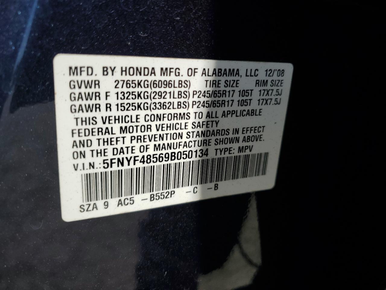 5FNYF48569B050134 2009 Honda Pilot Exl