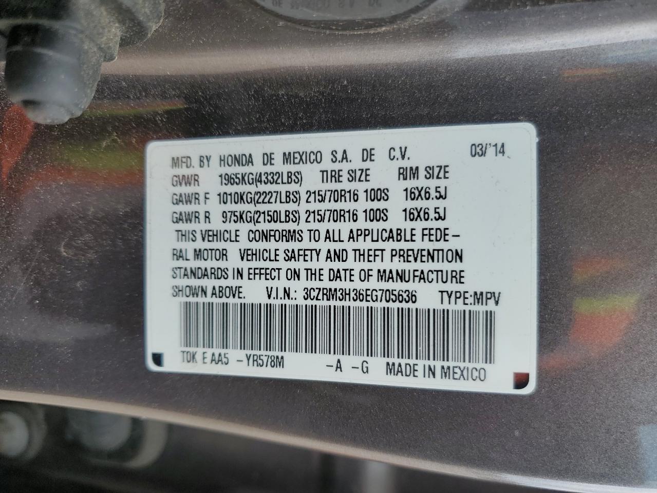 3CZRM3H36EG705636 2014 Honda Cr-V Lx