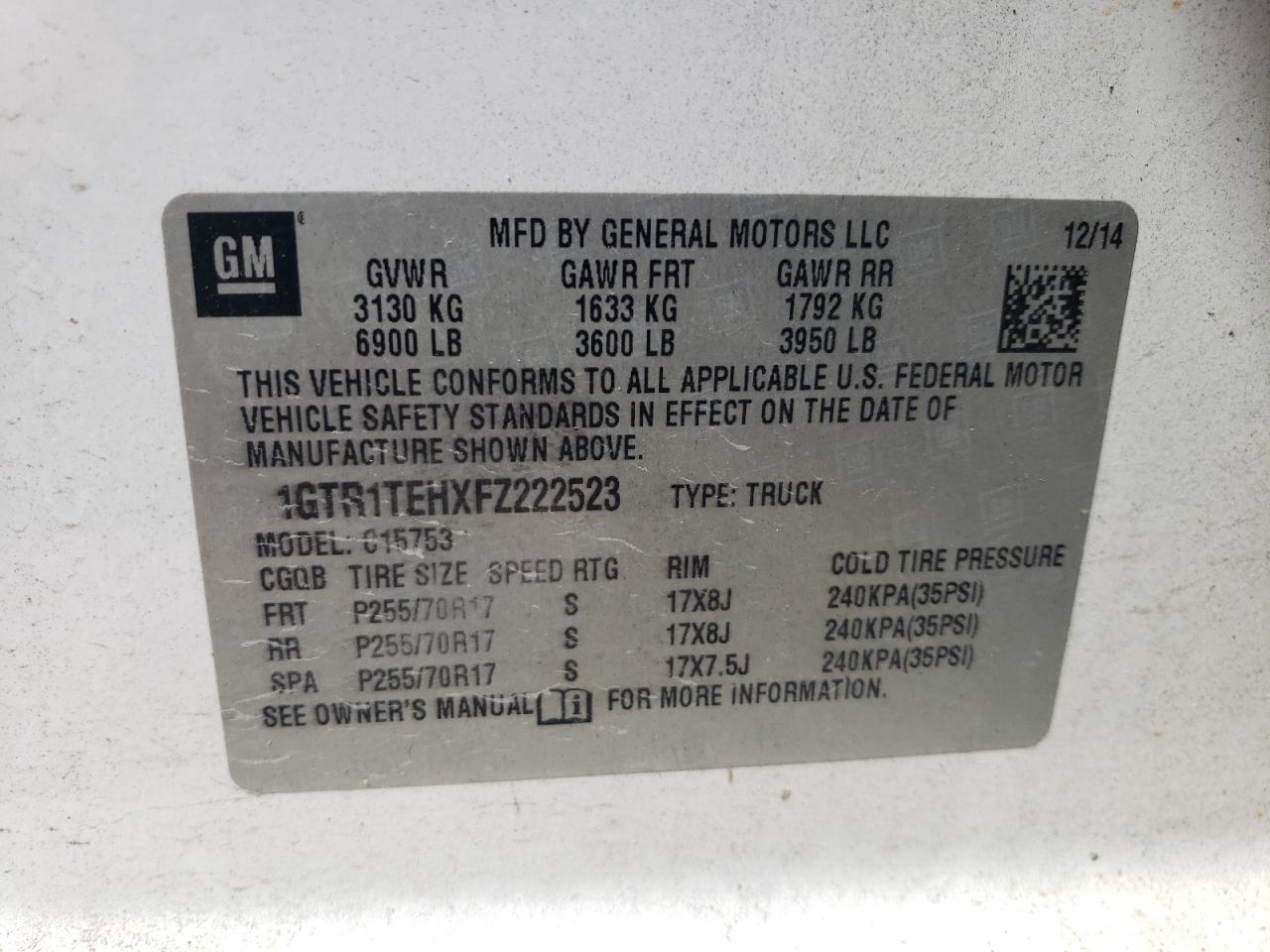 1GTR1TEHXFZ222523 2015 GMC Sierra C1500