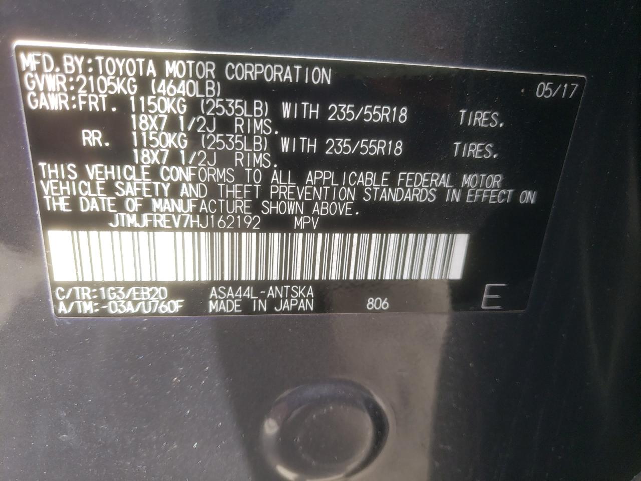 JTMJFREV7HJ162192 2017 Toyota Rav4 Se