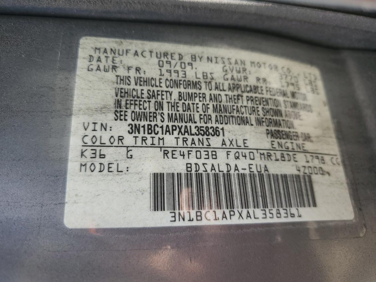 3N1BC1APXAL358361 2010 Nissan Versa S