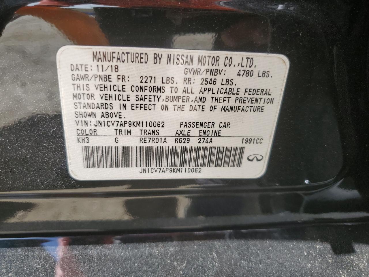 JN1CV7AP9KM110062 2019 Infiniti Q50 Pure