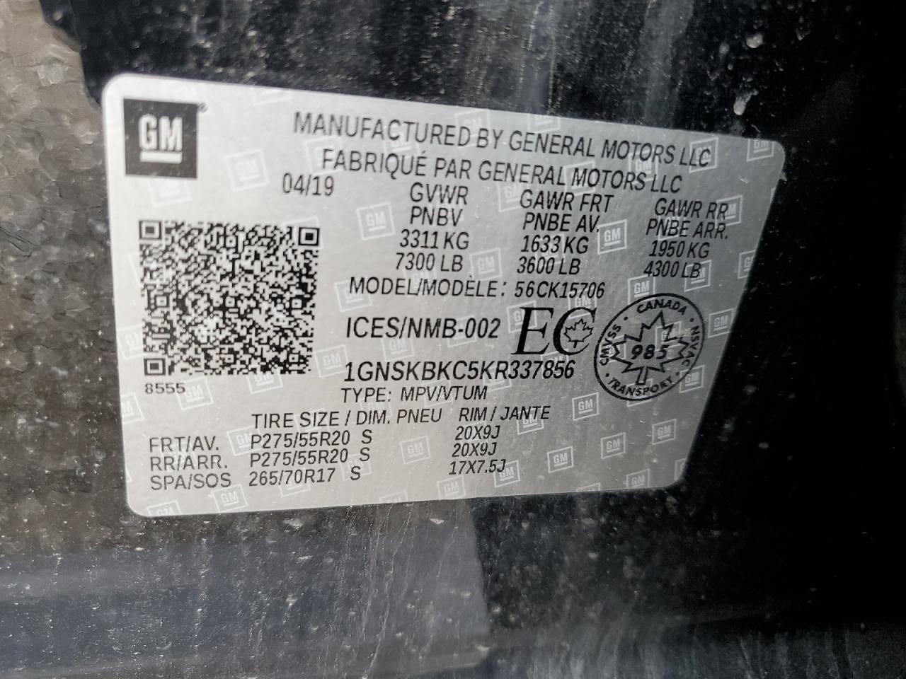 1GNSKBKC5KR337856 2019 Chevrolet Tahoe K1500 Lt