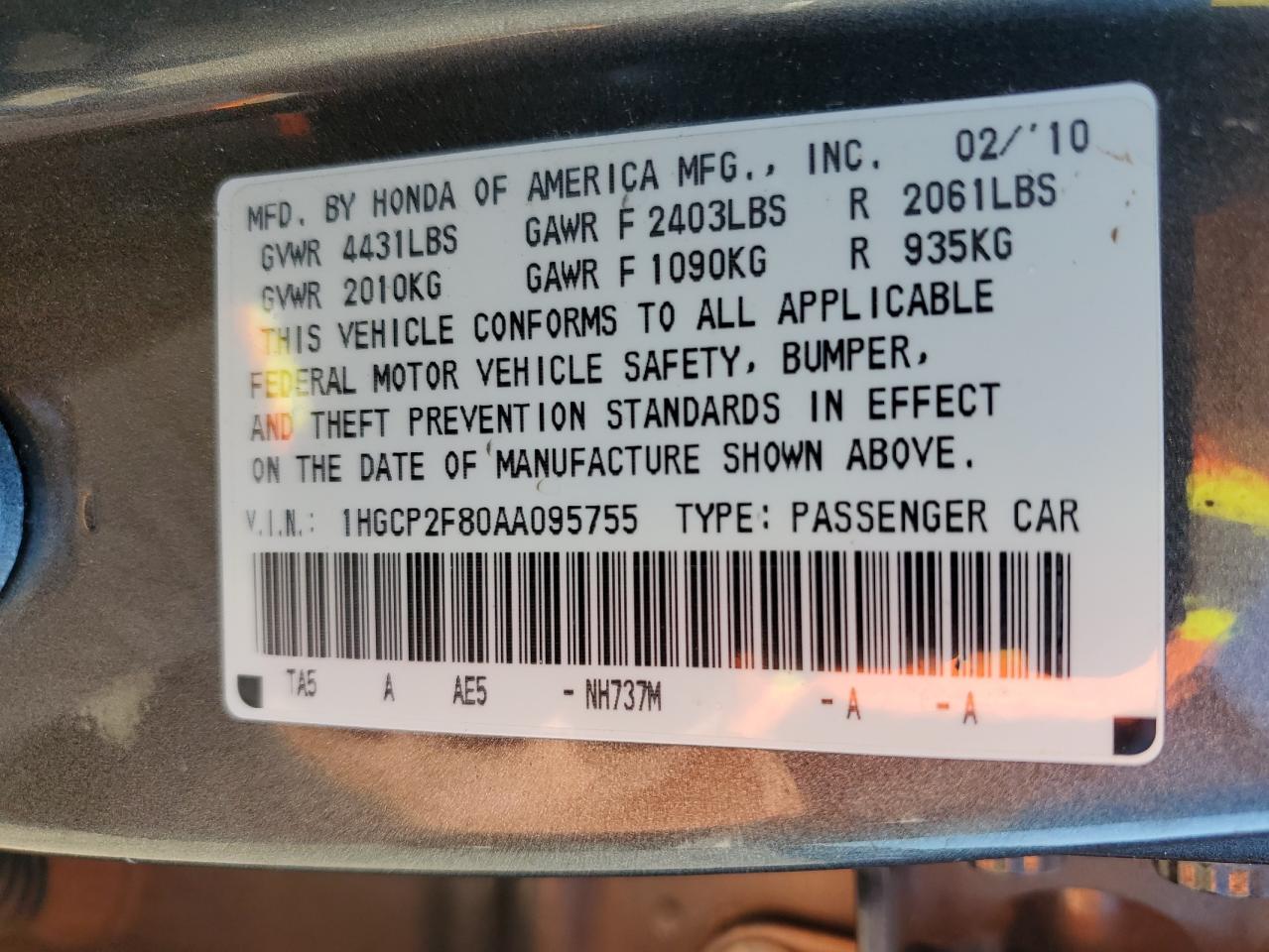 1HGCP2F80AA095755 2010 Honda Accord Exl