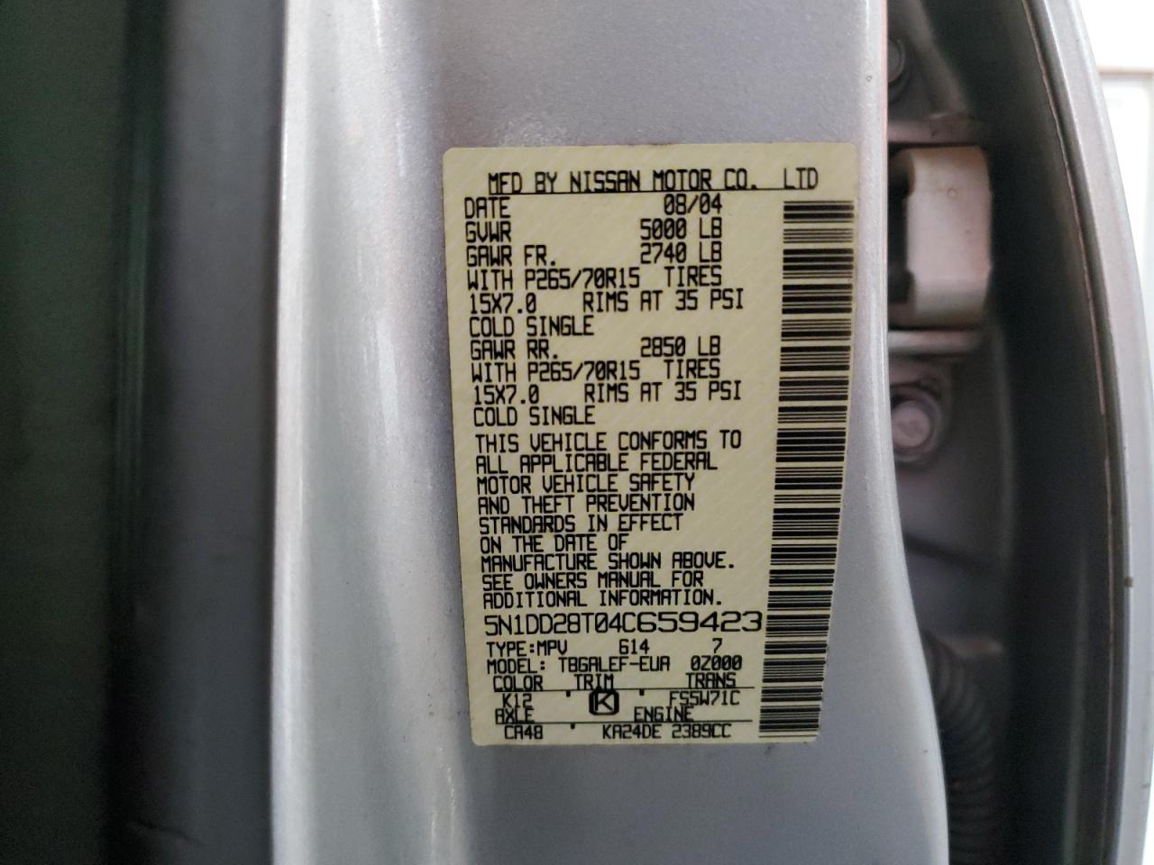 5N1DD28T04C659423 2004 Nissan Xterra Xe