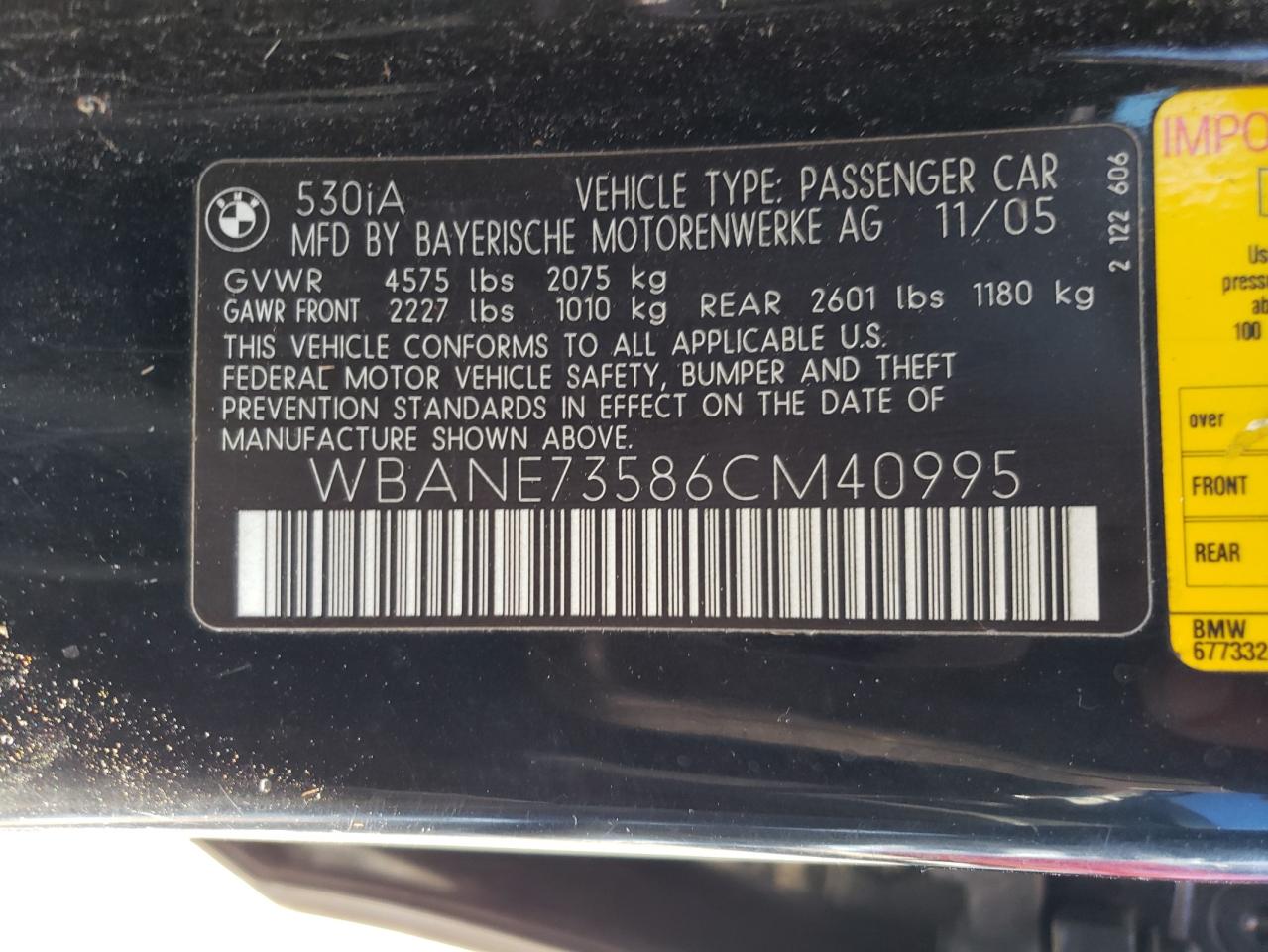 WBANE73586CM40995 2006 BMW 530 I